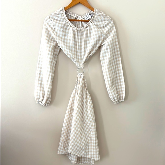 Petal & Pup Beige Cut Out Gingham Dress 100% Cotton Mini Puff Sleeves Size 4 - Picture 2 of 13